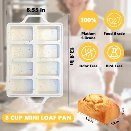 Miniatura 2 de 1 mini moldes de silicona antiadherentes con guantes de marco de metal, 8 moldes para pan de cavidad de tazas, moldes pequeños para hornear, moldes