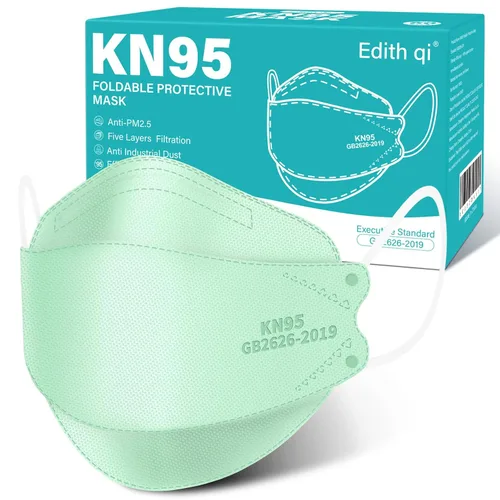 Edith qi Mascarilla KN95 50 unidades, 5 capas, color verde, desechables, para adultos, eficiencia del filtro del 95 %, protección contra partículas