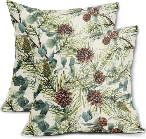 Miniatura 9 de Fundas de almohada florales de invierno 12x20 pulgadas - Juego de 2, estampado de flores de acuarela verde con hojas, temática rústica, fundas Árbol
