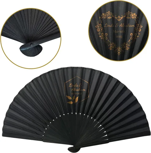 Miniatura 2 de Abanicos de mano negros personalizados, 10 unidades, abanicos plegables de mano personalizados para boda, recuerdos de fiesta, costillas de bambú