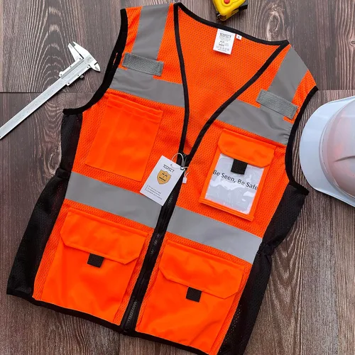 Miniatura 5 de TCCFCCT Chaleco de seguridad para mujer, 11 bolsillos, chaleco reflectante de malla con cremallera, chaleco de trabajo de construcción de neón