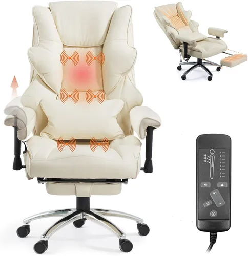 Silla de Oficina de Masaje con Reposapiés, Silla Ejecutiva Ergonómica con Calefacción para Oficina con Respaldo Reclinable, Brazos Ajustables y Beige