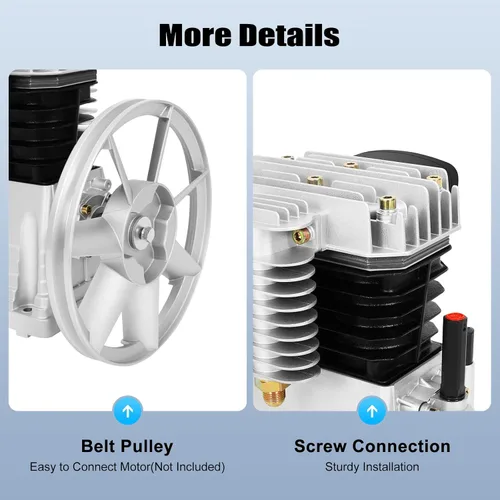 Miniatura 7 de Cabezal de bomba de compresor de aire, cabezal de compresor de aire de 3 HP con 2 cilindros, compresor de aire lubricado con aceite con polea