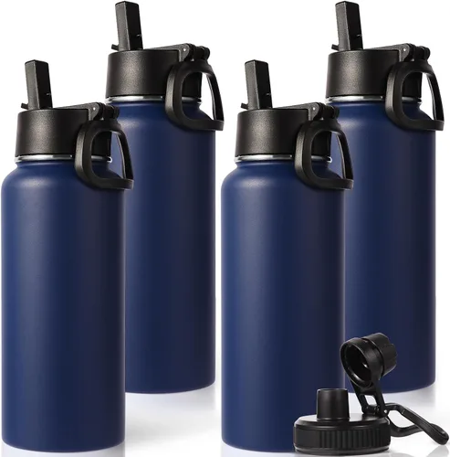 Miniatura 36 de Neihepal Botella de agua aislada de 32 onzas con 2 tapas (tapa con pajilla y boquilla), botellas de agua de doble pared de acero inoxidable 18/8