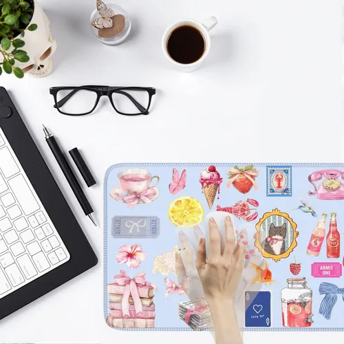 Miniatura 8 de Tapete de escritorio azul con diseño de gato kawaii, retro, vintage, grande, XXL, tapete de mouse para computadora, teclado, laptop, mouse, A5