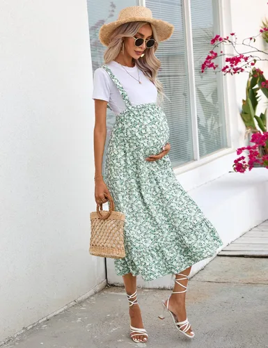 Miniatura 3 de KOJOOIN Falda larga de maternidad para mujer, cintura alta, estilo bohemio, de verano, casual, con volantes, falda larga para embarazo