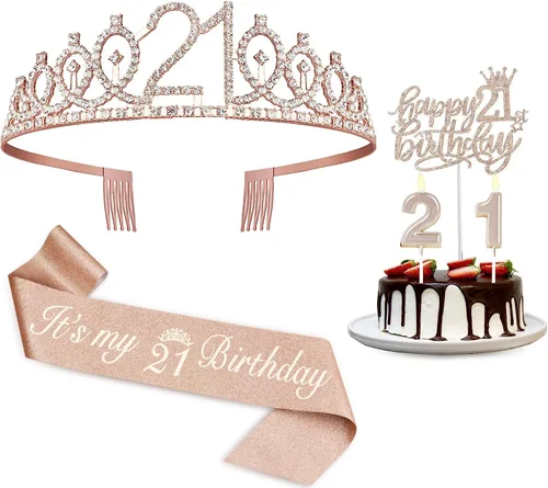 Miniatura 50 de Decoraciones de cumpleaños de 24 años para mujeres, incluyendo banda de cumpleaños, tiara/corona, velas numéricas y decoración de pastel, regalos