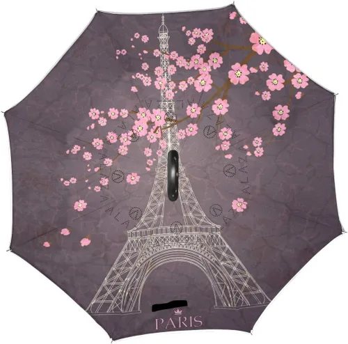 Miniatura 2 de MRMIAN Vintage Eiffel Tower Plum Cherry Blossoms Windproof Inverted Open Close Reverse Rain Umbrella Inside Out Quality Waterproof Parasol Upside