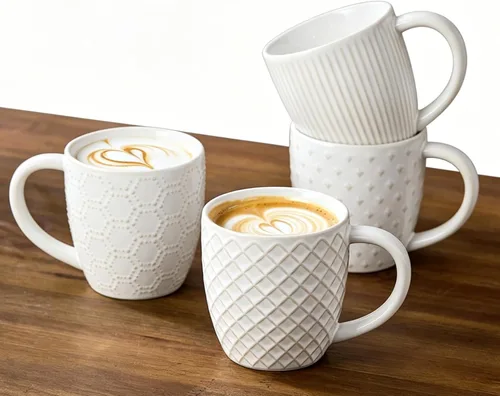 Juego de 4 tazas de café blancas de 14 onzas, tazas de café de cerámica de granja, tazas texturizadas artesanales para oficina en casa, aptas para