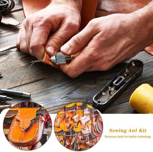 Miniatura 6 de WILLBOND Kit de punzón de costura de cuero de 12 piezas, incluye agujas rectas y dobladas y 8 rollos de hilos encerados con destornillador pequeño