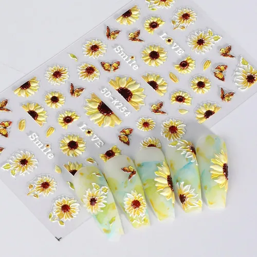 Miniatura 3 de 4 hojas de calcomanías de girasoles para uñas, calcomanías 5D en relieve de flores de sol de verano, calcomanías de uñas grabadas con flores