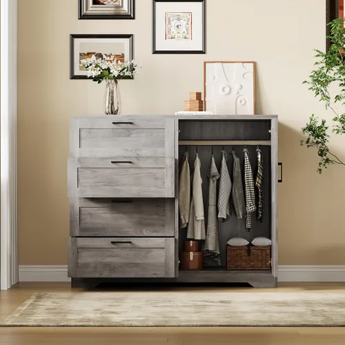 Miniatura 5 de GarveeHome Cómoda de madera multifuncional para dormitorio, 43.3 pulgadas de alto, armario de 2 puertas con 4 cajones y barra para colgar, armario