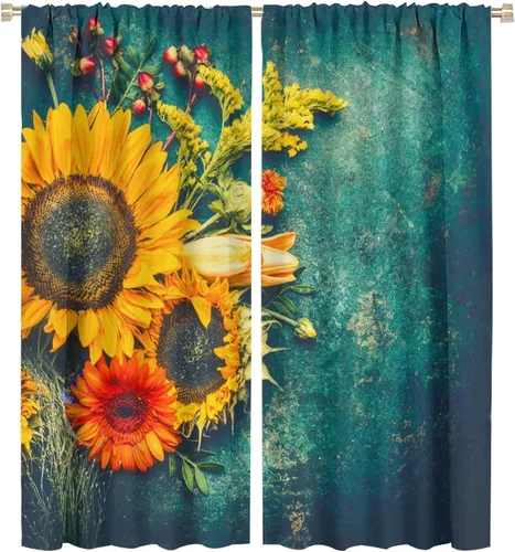 Miniatura 34 de Cortinas opacas con diseño de girasoles para ventana, puesta de sol sobre girasol, para dormitorio, sala de estar, cocina, decoración del hogar, 42