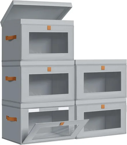 Miniatura 22 de DIMJ Contenedores de Almacenamiento con Tapas - Paquete de 4 Organizadores Grandes de Tela para Armario con Ventana y Asas, Cajas de Almacenamiento