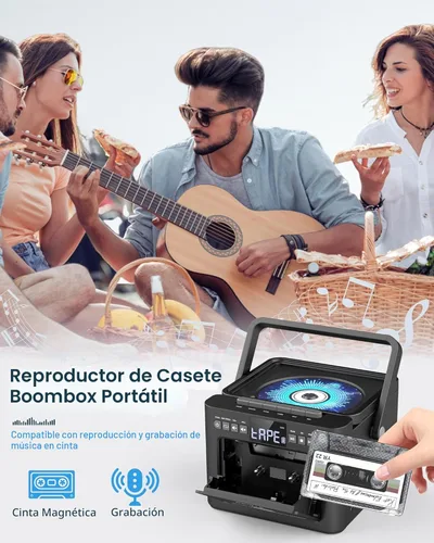 Miniatura 4 de Boombox Reproductor de CD y Casete Bluetooth5.1 con batería de 5000 mAh, altavoces estéreo duales de 5 W, reproductor de CD recargable con radio FM