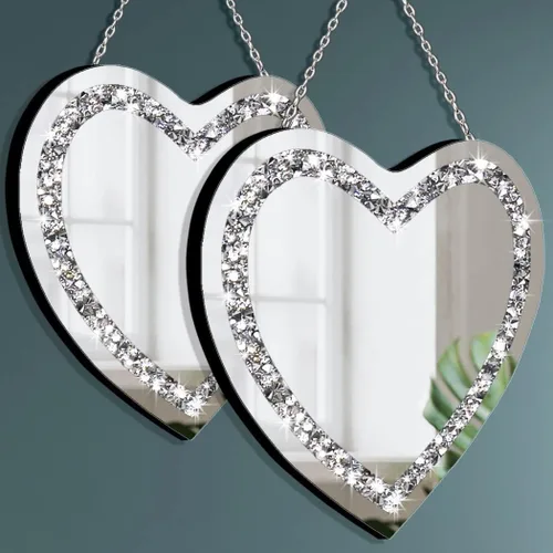 Miniatura 2 de DMDFIRST Juego de 2 espejos de vidrio plateado en forma de corazón 12x12 pulgadas con decoración de diamantes estrellados en cadena para decoración