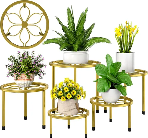 Miniatura 9 de VECELO Juego de 5 soportes de metal para plantas, soporte para macetas de alta resistencia, soporte redondo para plantas, color negro