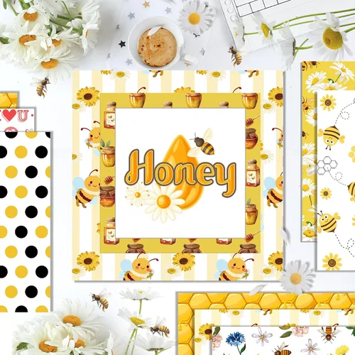 Miniatura 6 de Papel de recortes de abejas de 12 x 12 pulgadas, doble cara, 24 hojas de papel decorativo de panal de abejas amarillo y negro con patrón especial
