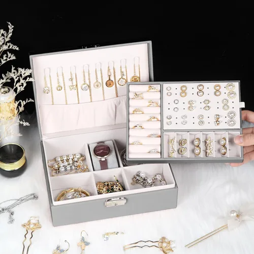 Miniatura 12 de Joyero para mujeres y niñas, contenedor organizador de joyas de 2 capas con cerradura, estuche de almacenamiento de piel sintética con bandeja