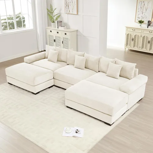Miniatura 68 de Sofá modular de gran tamaño de 117.3 pulgadas, sofás modulares grandes de pana para sala de estar, sofás de 3 plazas, moderno juego de sofá de Blanco