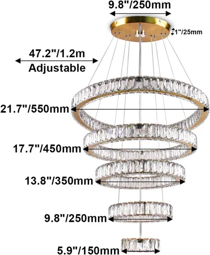 Miniatura 4 de Lámpara candelabro LED de cristal grande, moderna de 5 anillos, luz colgante ajustable para dormitorio, comedor, cocina (blanco cálido).