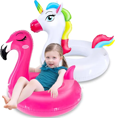 Paquete de 2 flotadores inflables de flamenco y unicornio para niños de 3 a 8 años, flotadores divertidos, balsas, tubos de piscina, decoraciones de