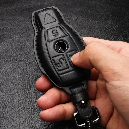 Miniatura 5 de Tukellen Funda para llavero Mercedes Benz de piel auténtica con llavero, protector de cuero compatible con C E M S CLS CLK GLK GLC G AMG Series Negro