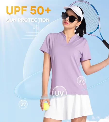 Miniatura 5 de ChinFun Women's Golf Polo Shirts V-Neck Short Sleeve Collarless UPF 50+ Tennis Running T-Shirts Quick Dry Tops