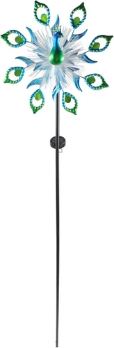 Alpine Corporation Estaca giratoria de metal solar con luz LED de fibra óptica, decoración de patio, adorno cinético resistente a la intemperie para
