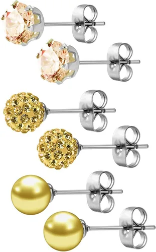 Miniatura 39 de JewelrieShop - Juego de aretes de tuerca de acero inoxidable con circonitas cúbicas y perlas de imitación, 3 pares de 0.236 in