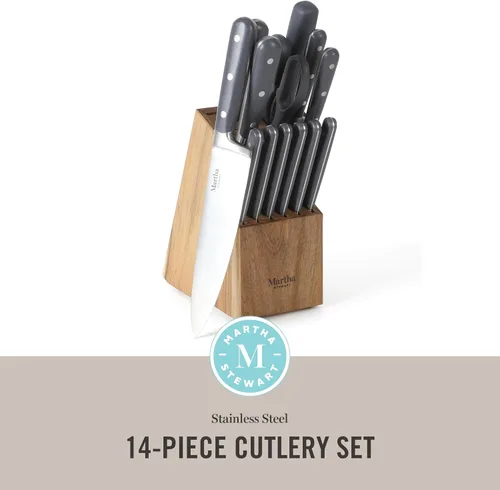 Miniatura 2 de Martha Stewart Eastwalk Juego de 14 cuchillos de acero inoxidable de alto carbono con mango forjado remachado triple de ABS, bloque de madera de Gris