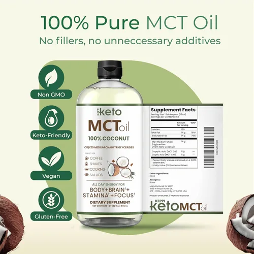 Miniatura 8 de Keppi Aceite MCT - De 100% Cocos - Sin sabor C8 y C10, sin OGM, certificado sin gluten, sin aceite de palma, vegano, kosher, halal, 32 oz Aceite MCT