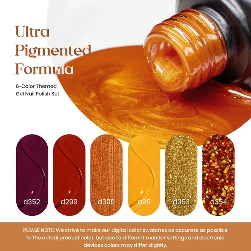 Miniatura 4 de Beetles - Juego de esmalte de uñas en gel otoñal, 6 colores, burdeos, marrón, amarillo, con purpurina, naranja, dorado, para uso con lámpara UV/LED