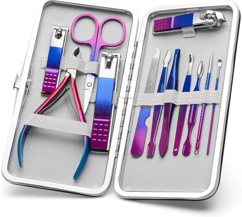 Miniatura 10 de CGBE Juego de cortaúñas, 12 piezas de acero inoxidable para hombres, juego de manicura y pedicura para regalos para hombres, color negro