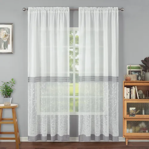 Miniatura 9 de VOGOL Cortinas transparentes con patrón de hojas bordadas, paneles de ventana blancos con ribete de encaje para sala de estar y dormitorio, cortinas