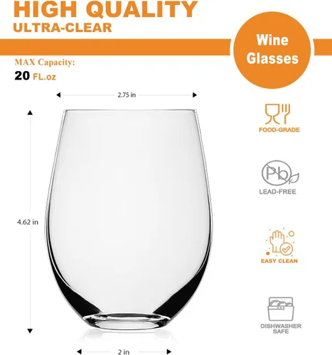 Miniatura 7 de LUXU Vasos sin tallo (juego de 2) de 20 onzas, copas de vino transparentes, vasos de whisky de cristal, copas de agua grandes, cristalería