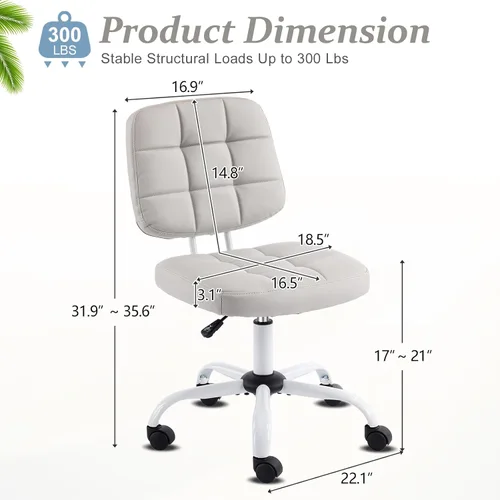 Miniatura 2 de VINGLI Silla de escritorio pequeña compacta, bonita silla sin brazos con ruedas, silla de tocador con respaldo bajo, silla de trabajo de altura Gris