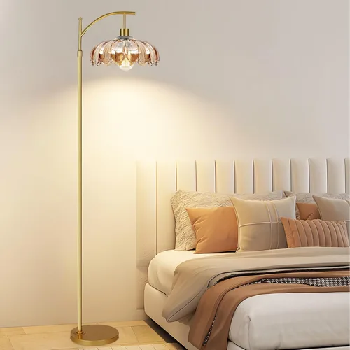 Miniatura 7 de AHDWDW Lámpara de pie de arco dorada para sala de estar con control remoto, lámparas de pie modernas regulables con pantalla de vidrio ámbar
