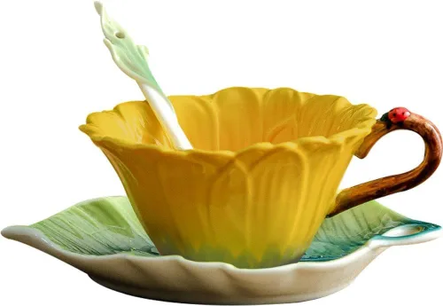 Miniatura 8 de WAYUTO Juego de taza de café y platillo de cerámica 3D con cuchara, hoja de flor, taza de café, taza de té con mango decorativo, tazas florales Rosa