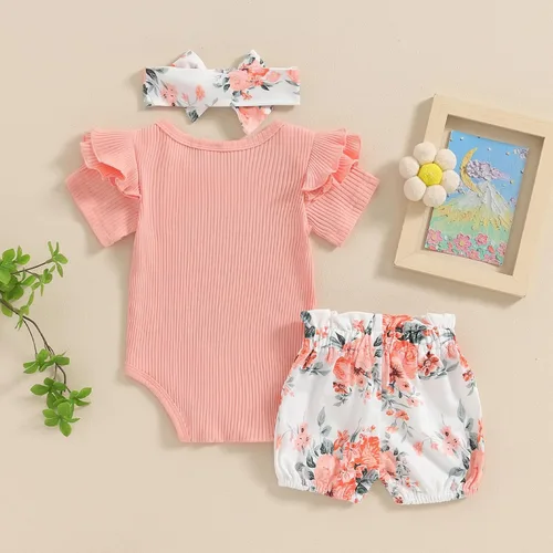 Miniatura 6 de Traje de tía para bebé recién nacida, camiseta de manga corta acanalada, pantalones cortos florales con diadema