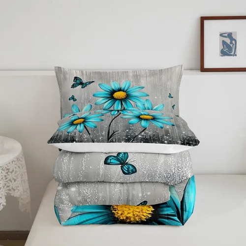 Miniatura 5 de Feelyou Daisy - Juego de ropa de cama tamaño individual para niños y niñas, estampado floral botánico, juego de edredón natural para niños, juego