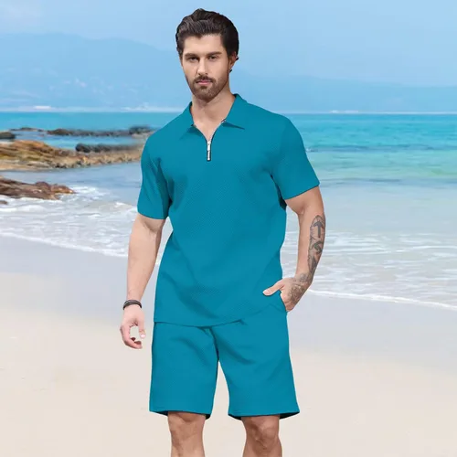 Miniatura 2 de Aulemen Conjunto deportivo de 2 piezas con cremallera para hombre, manga corta, camiseta polo y pantalones cortos, conjuntos de verano para hombre
