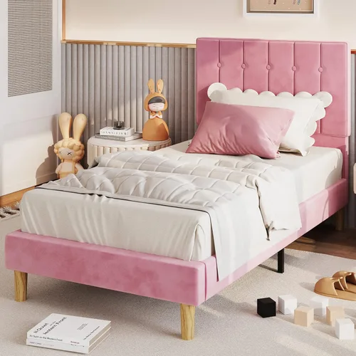 Miniatura 4 de LIKIMIO Base de cama tamaño individual, plataforma tapizada de terciopelo con cabecero y listones de madera fuertes, no necesita somier, sin ruido