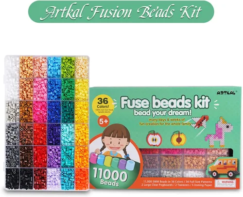 Miniatura 6 de Artkal Kit de cuentas fusibles de 11,000 piezas de 36 colores, con 5 tableros de clavijas, 2 pinzas, 48 patrones, kit de cuentas fusibles