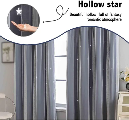 Miniatura 6 de Anytime - Cortinas románticas para niños, cortina de ventana con estrellas recortadas, cortinas opacas de doble capa para dormitorio de niñas, Azul
