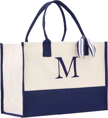 Bolsa de mano elegante de 100% algodón con inicial de monograma de regalo personalizada de alta calidad con opción de personalización, color azul