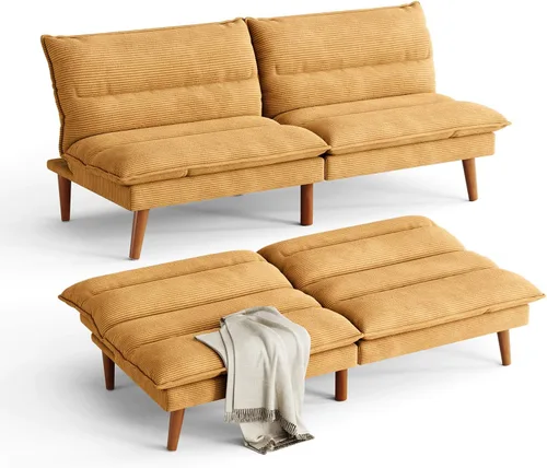 Miniatura 9 de LINSY Sofá cama futón de pana de 71 pulgadas con respaldo ajustable, futones plegables convertibles para espacios pequeños, salas de estar, Beige