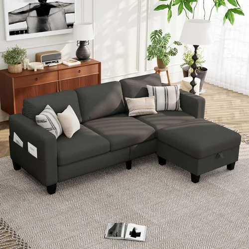 Miniatura 8 de Sofás Seccionales para Sala de Estar - Sofá Moderno en Forma de L de Lino Gris Oscuro de 3 Plazas con Otomana de Almacenamiento Reversible