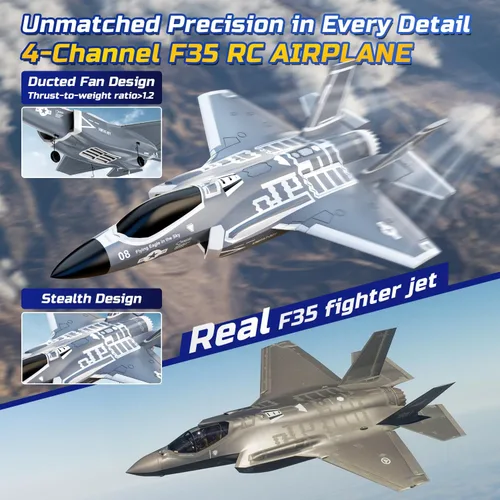 Miniatura 3 de DEERC F35 - Avión RC de 4 canales sin escobillas para adultos, avión de control remoto EDF Jet Fighter, estabilizador de giro de 6 ejes de 2.4GHz