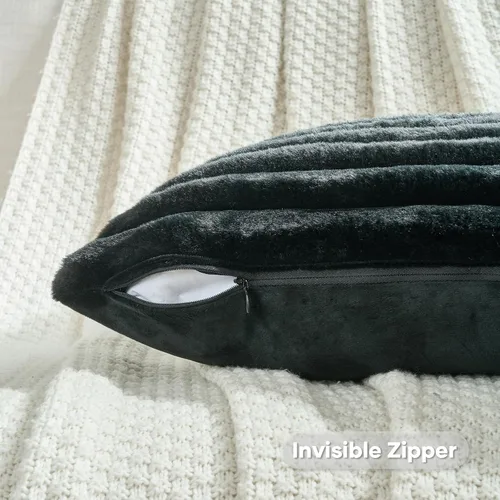 Miniatura 3 de FUTEI - Juego de 2 fundas de almohada decorativas con rayas, cuadradas, para invierno, piel sintética de conejo suave y acogedora y respaldo de Negro